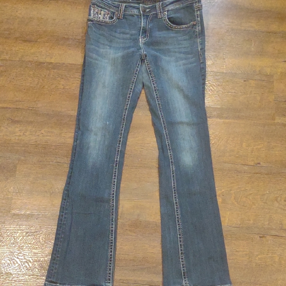 Grace In LA Women's 29 Dark Blue Flare Leg Jeweled Pocket Denim Jeans